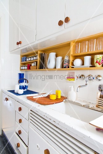 60s Style Kitchen With White Painted Base And Wall Units Wooden Handles Worksurface Crockery Shelf On 60s Style Kitchen With White Painted Base And Wall Units Wooden Handles Worksurface Crockery Shelf On