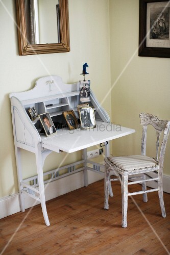 Vintage Fold Down Writing Desk Painted White And Kitchen Chair With Vintage Fold Down Writing Desk Painted White And Kitchen Chair With Upholstered Seat In Corner Of Room Yellow