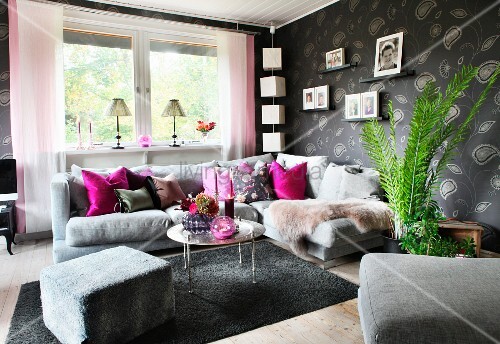 Comfortable Corner Sofa Grey Patterned Wallpaper Hot Pink Comfortable Corner Sofa Grey Patterned Wallpaper Hot Pink Ter Cushions And Family Photos On Wall