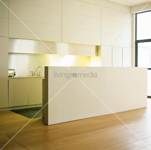 Puristische Designer-Küche mit Einbaufront und Theke hinter halbhoher