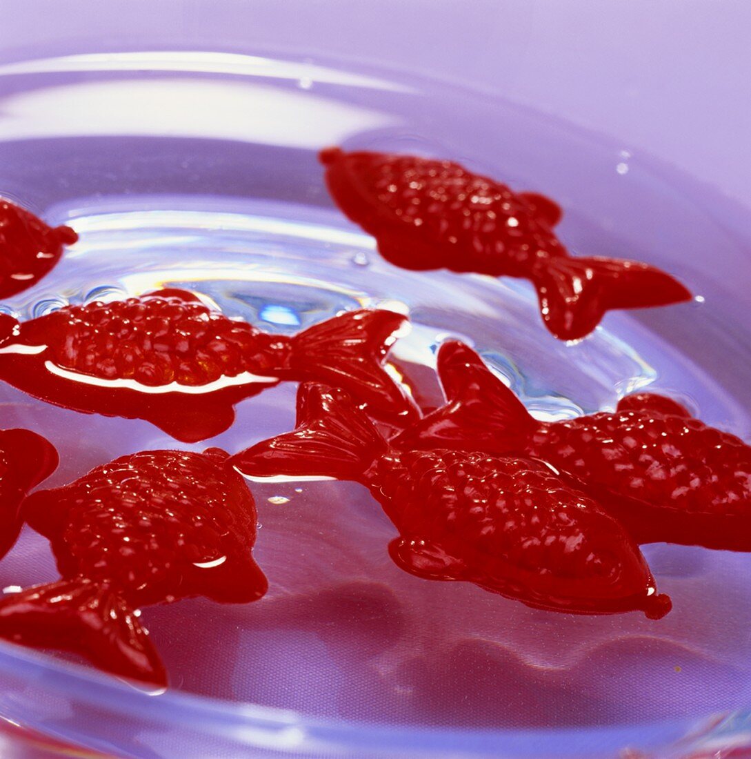 Rote Plastikfische in einer Wasserschale als Tischdeko