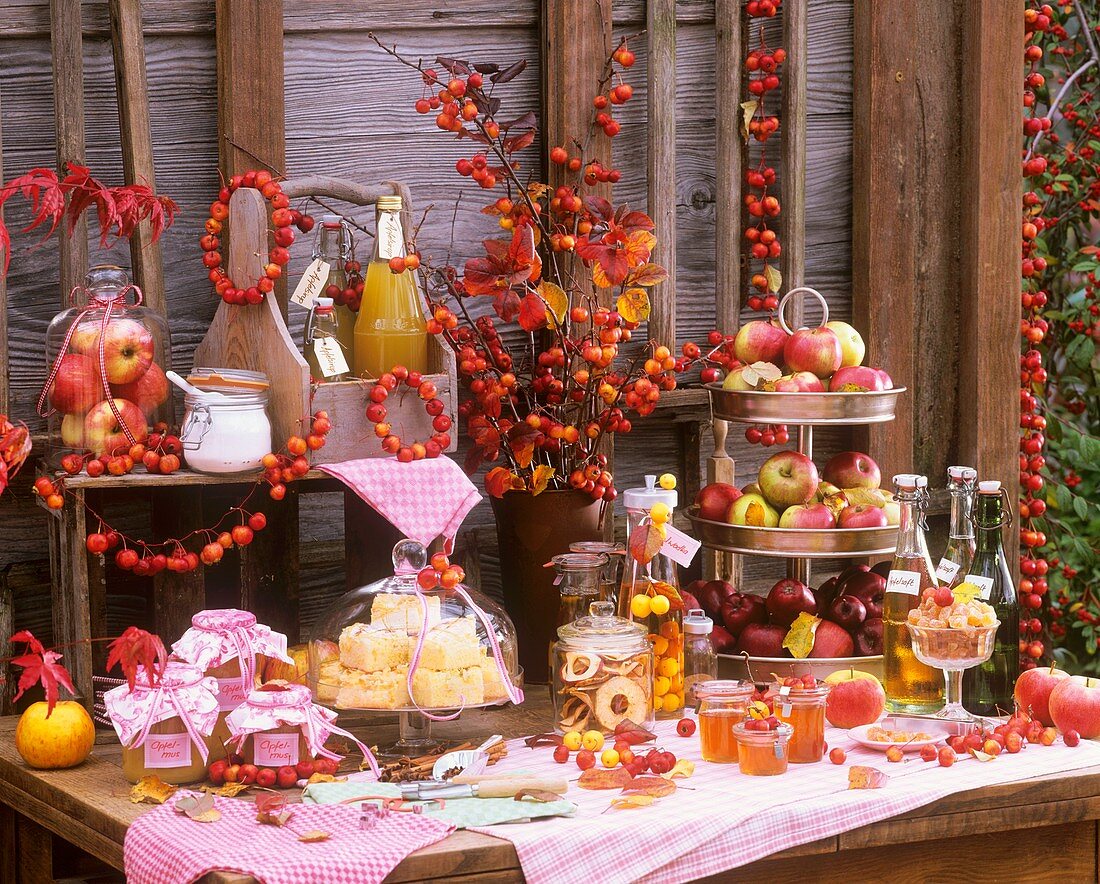 Ein gedeckter Tisch mit Produkten aus der Apfelernte