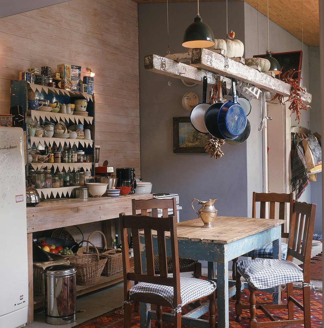 Dining table in rustic kitchen