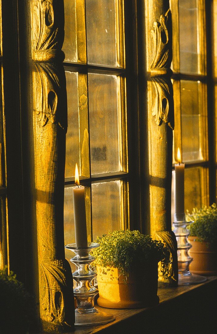 Burning candles and flower pots on a window sill