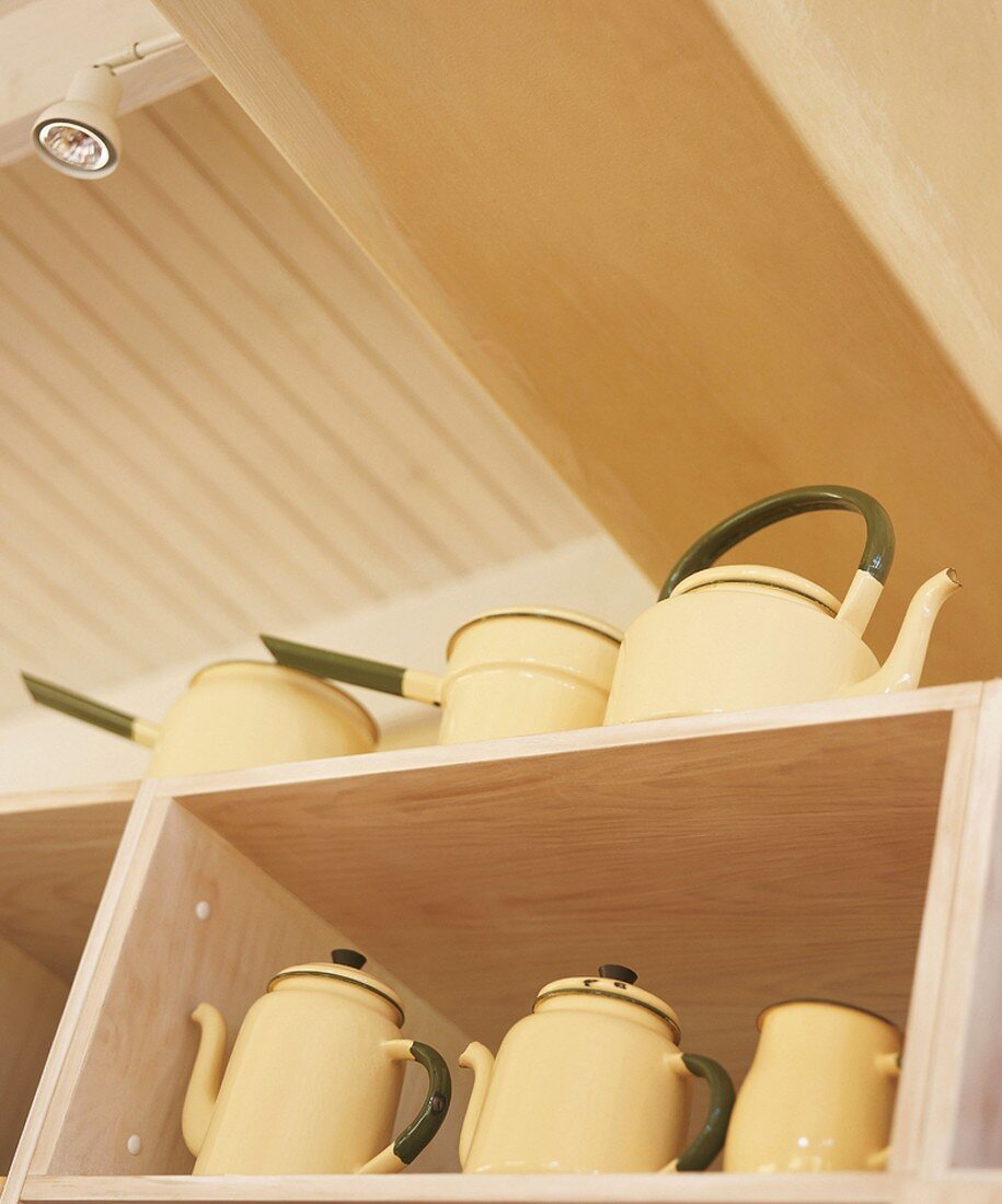 Teapots and coffeepots on shelves