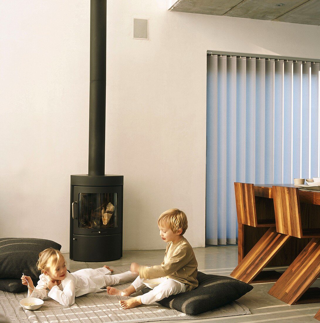 Two children in front of log burner