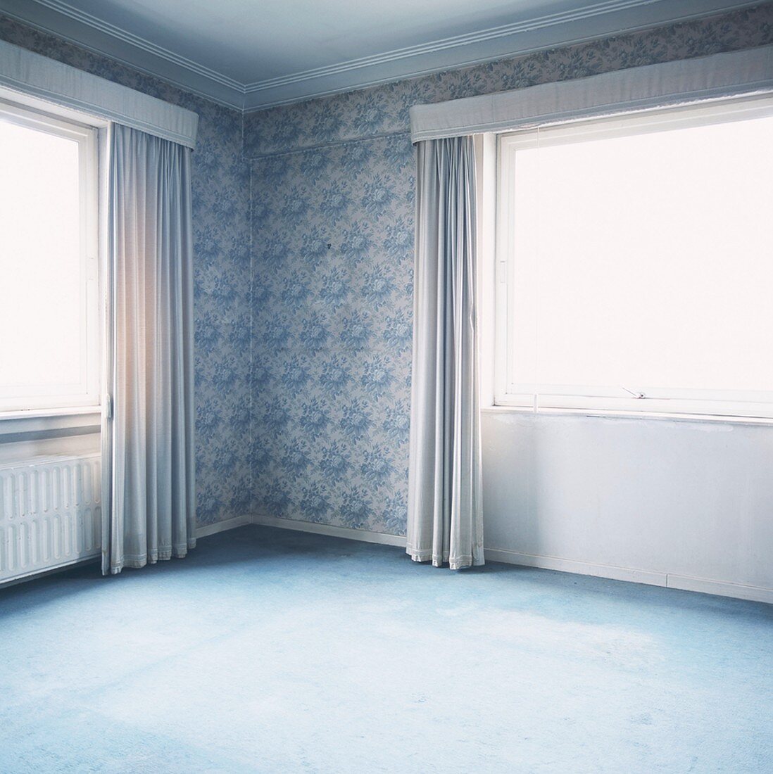 Ein leerer Raum mit Teppichboden und Barocktabete in Blau