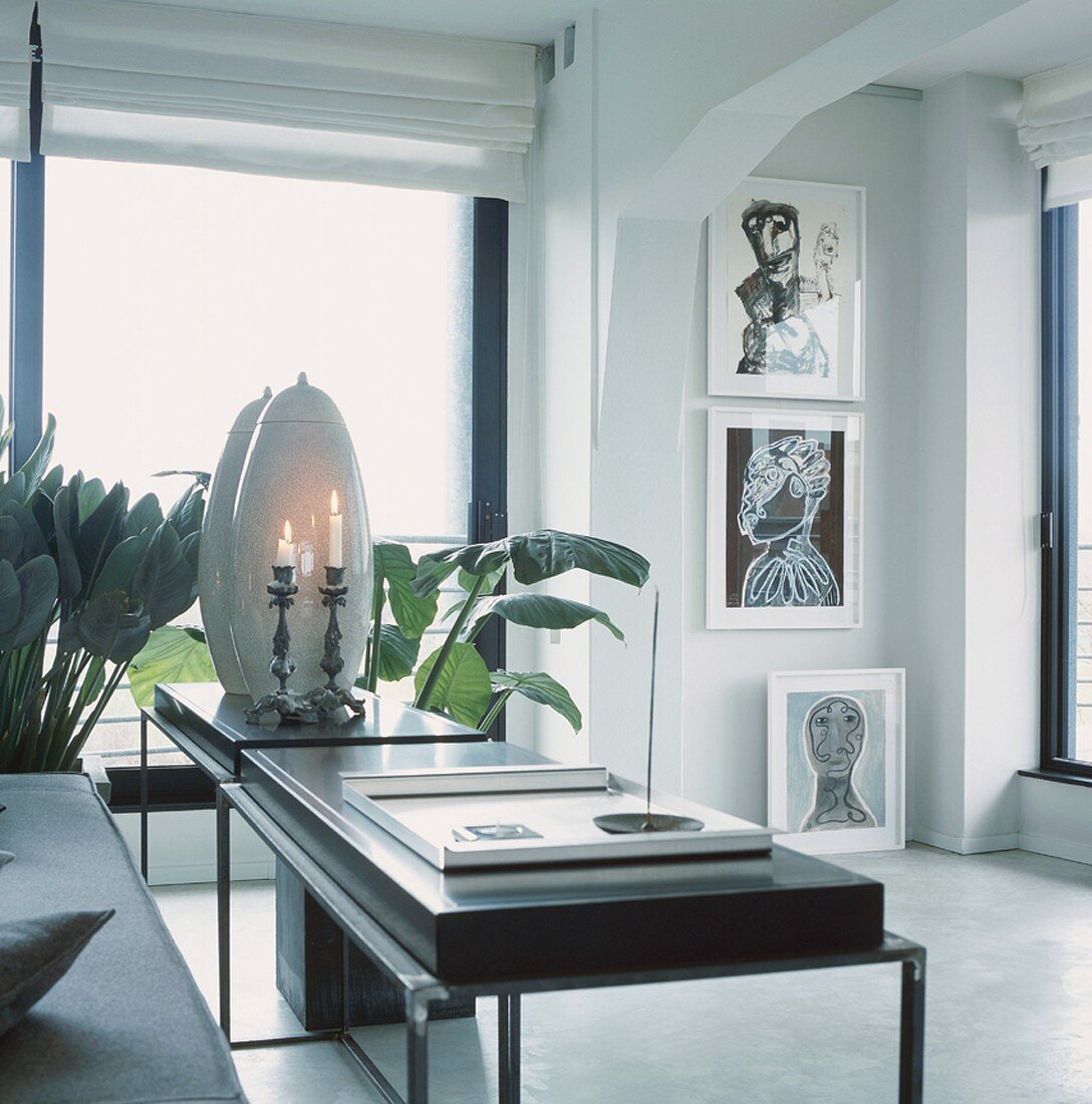 Ein Wohnraum mit elegant-moderner Inneneinrichtung in Schwarz und Weiß