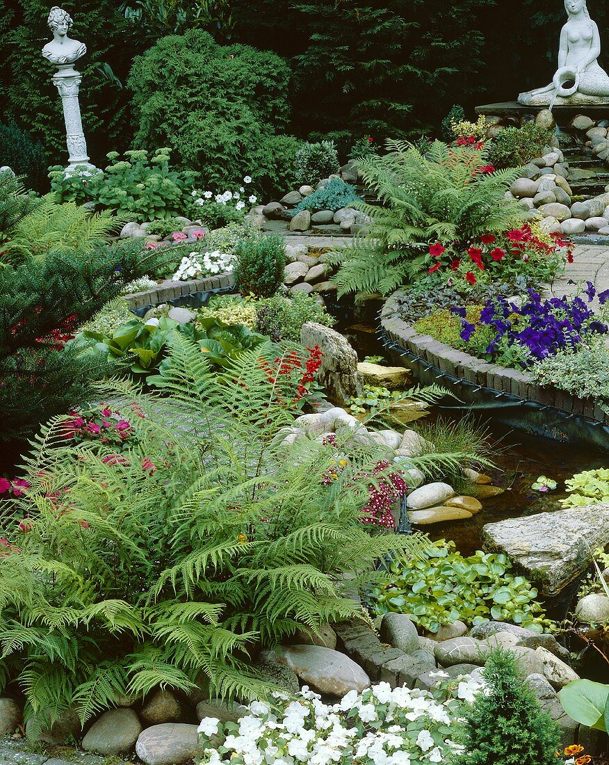 Garden with pond, foliage plants and summer flowers