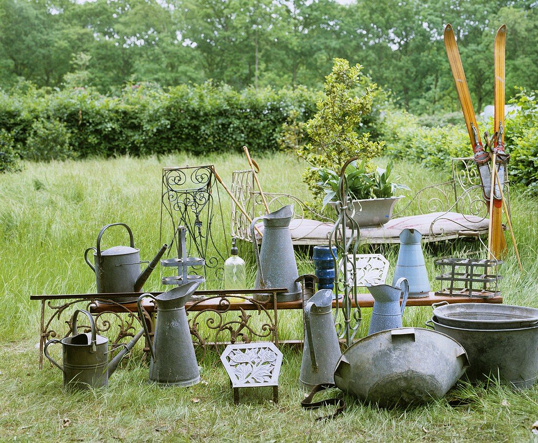Zinc garden utensils and antiques
