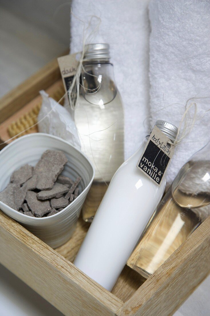 Bottled bath essences in wooden box