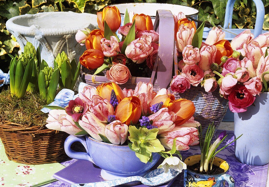 Tulips in basket and vases