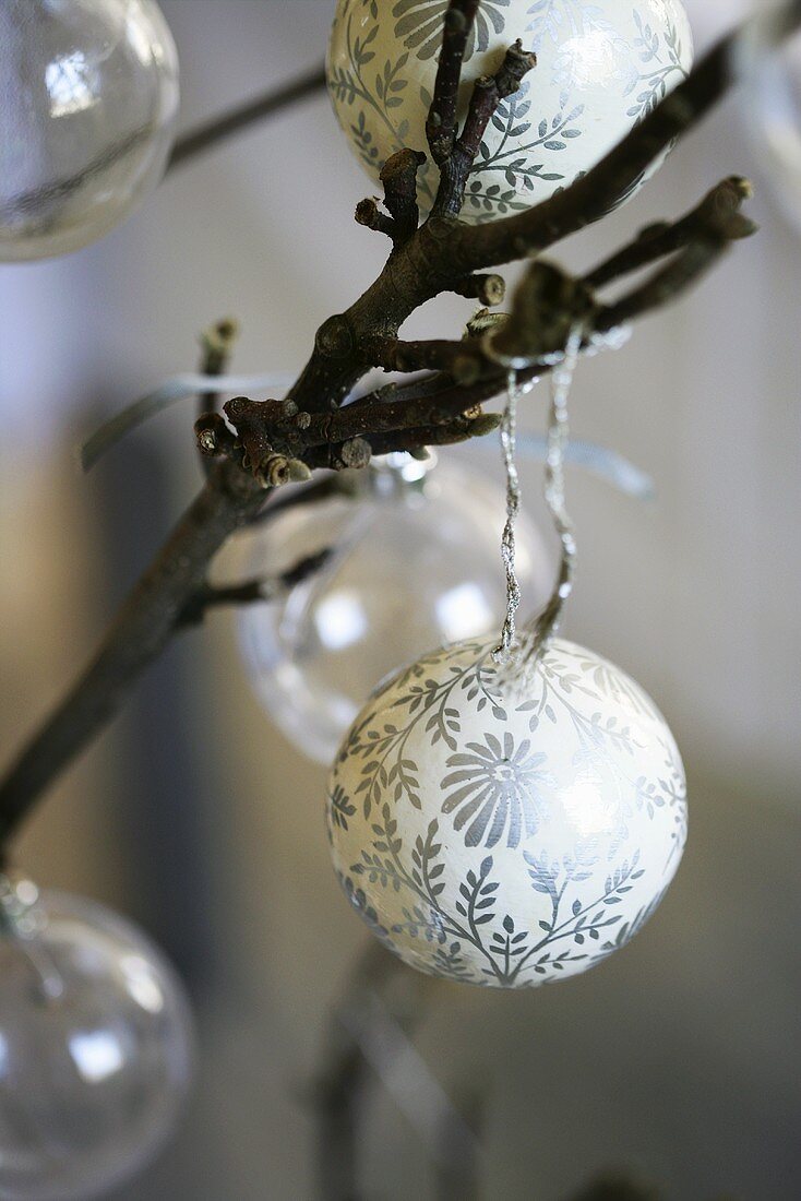 Christmas tree baubles on twigs