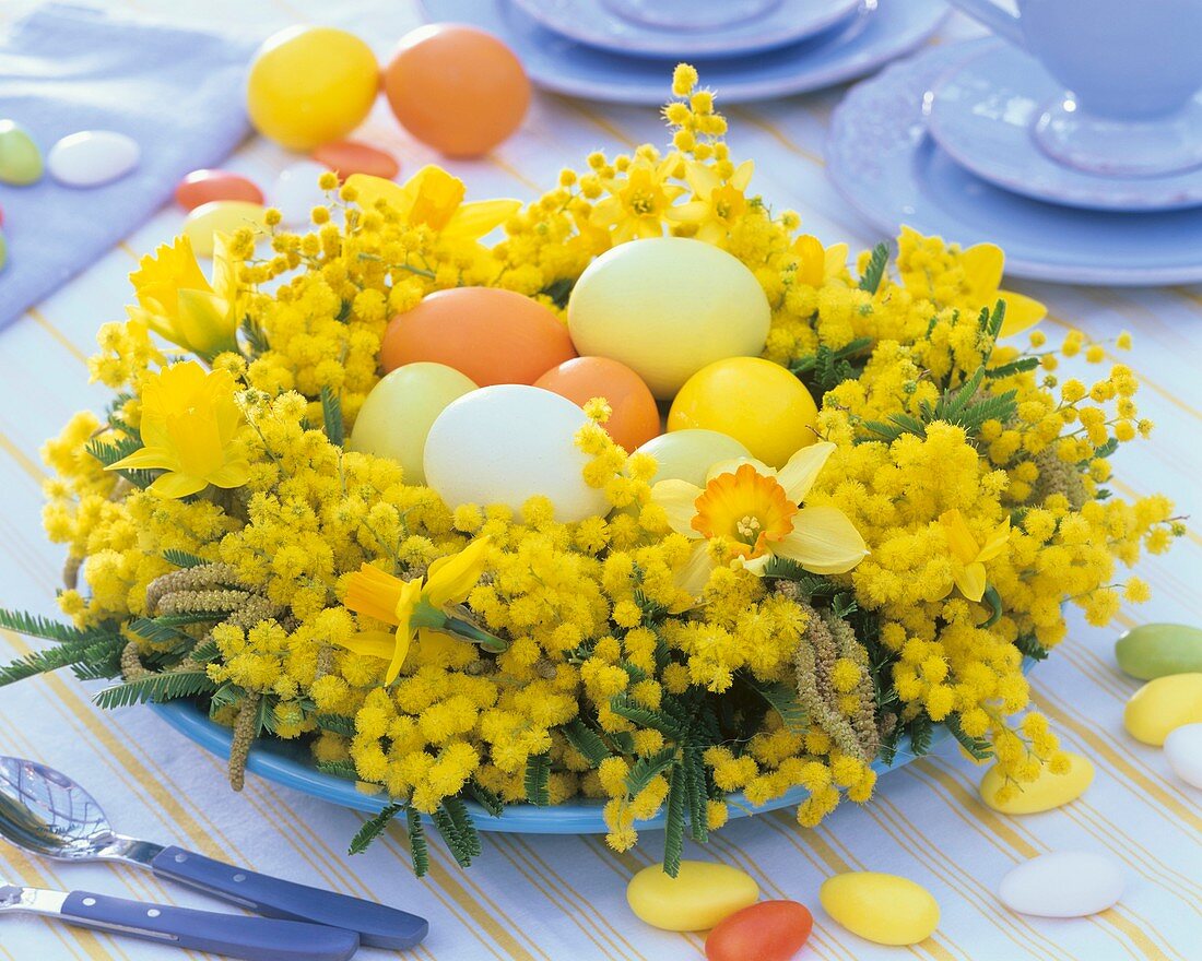 An Easter arrangement of mimosa & narcissi with Easter eggs