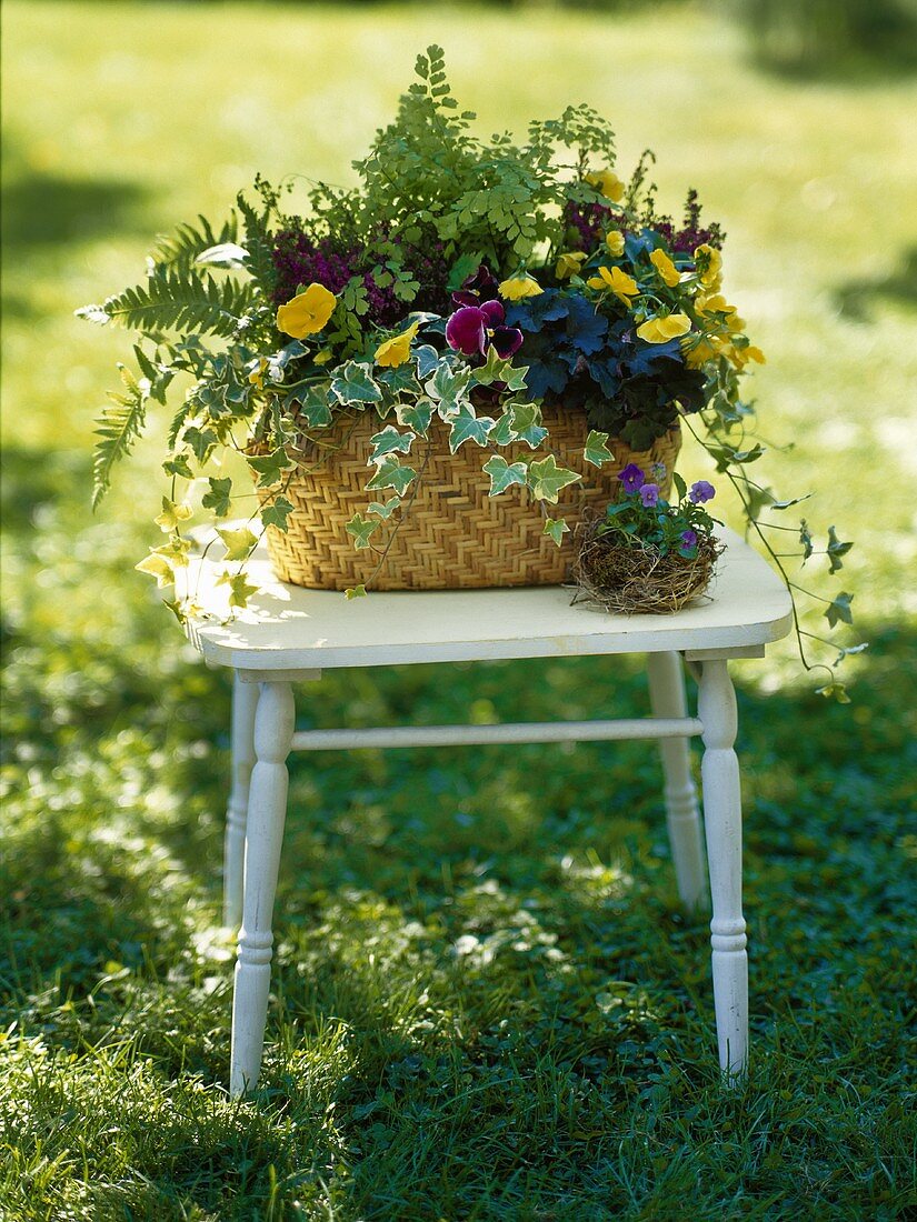 Flower arrangement in a basket out of doors
