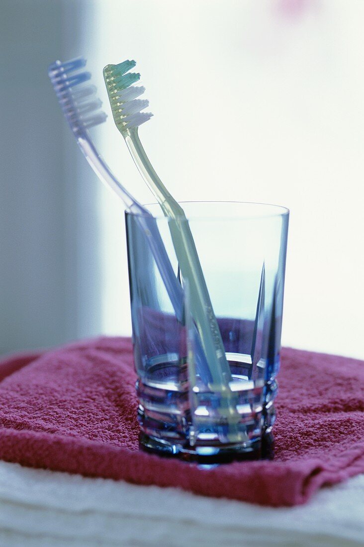 Two toothbrushes in a glass on towels