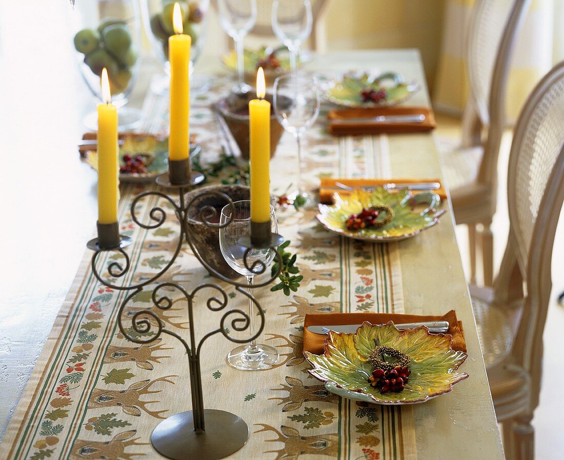 Laid table with candelabrum and autumnal decorations