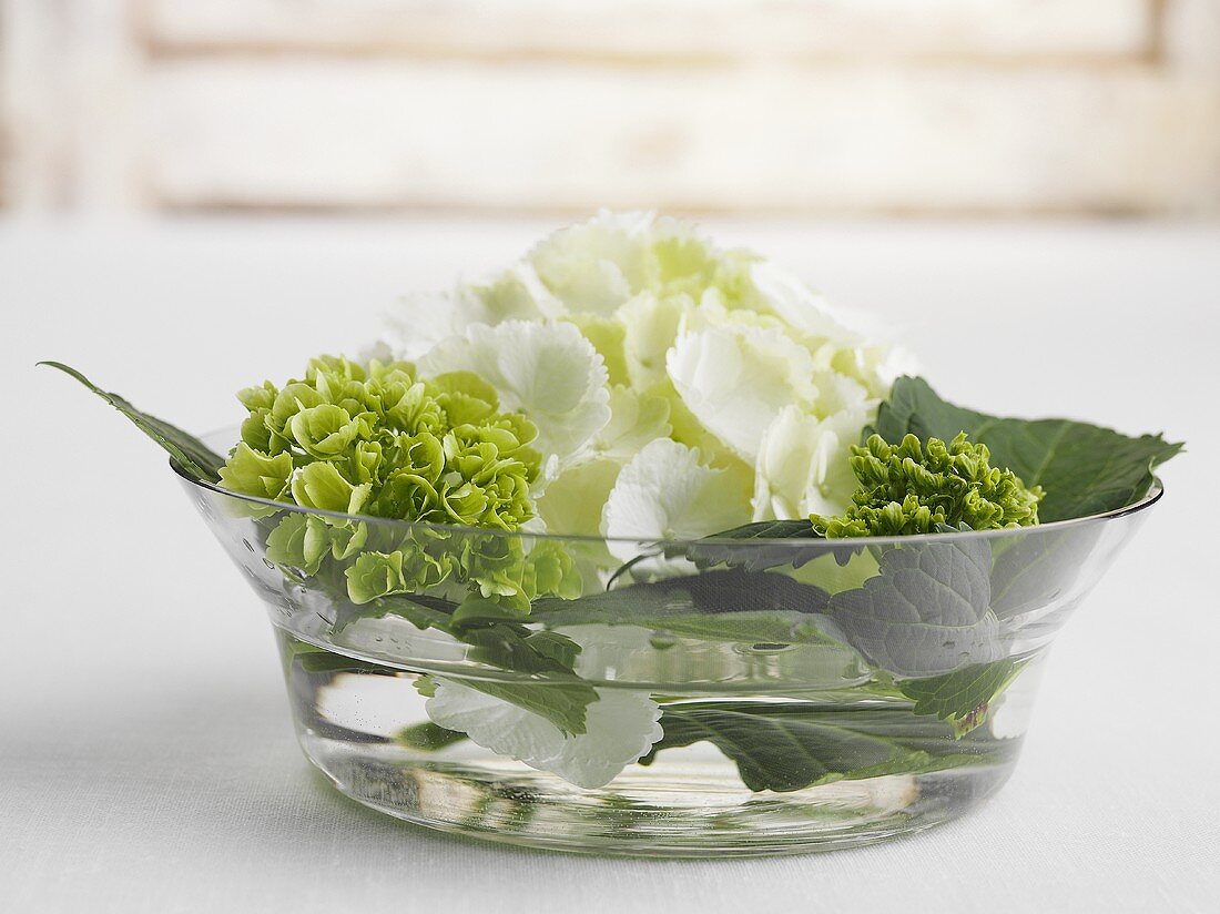 A flower arrangement in a bowl of water