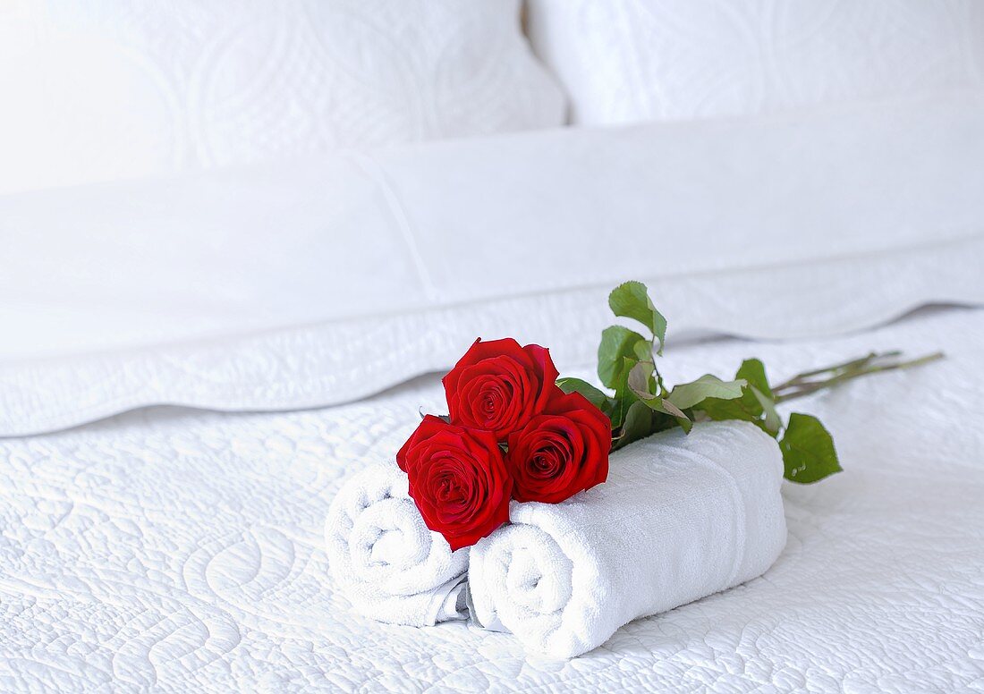 Red roses and two hand towels on a bed in a hotel room