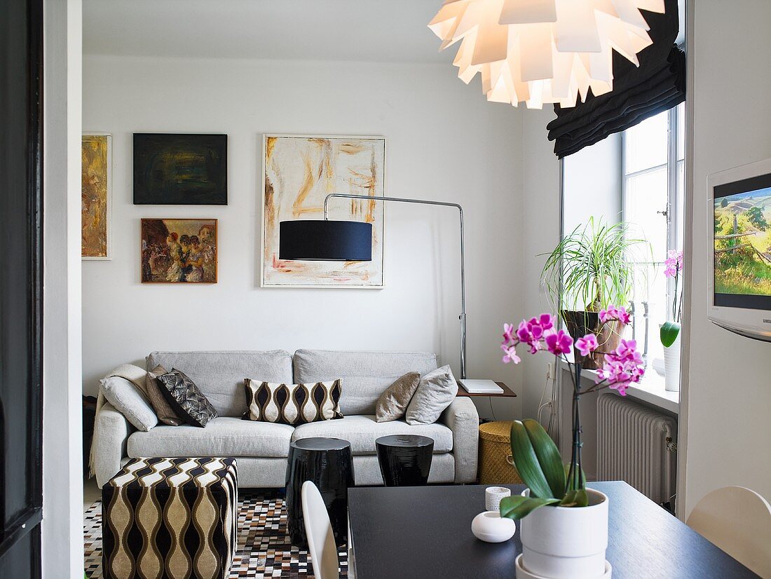Blick in Wohnraum mit Couch & Esstisch
