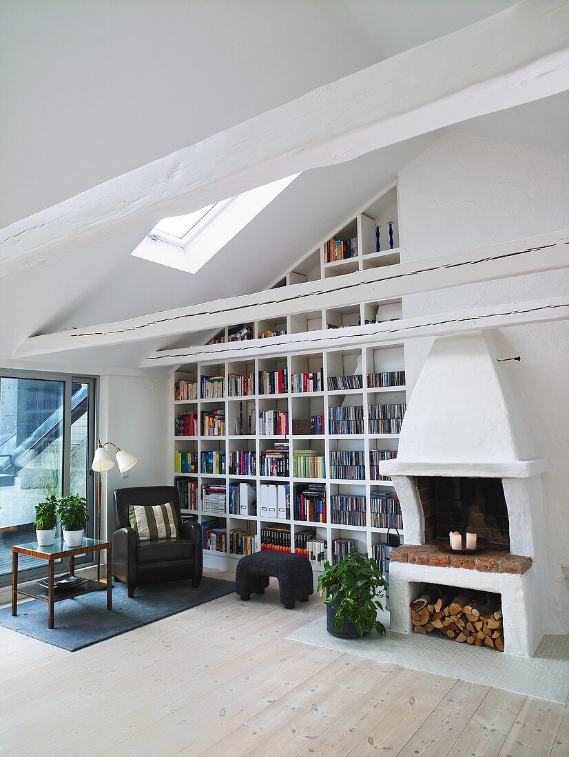Living room with fireplace and bookshelves