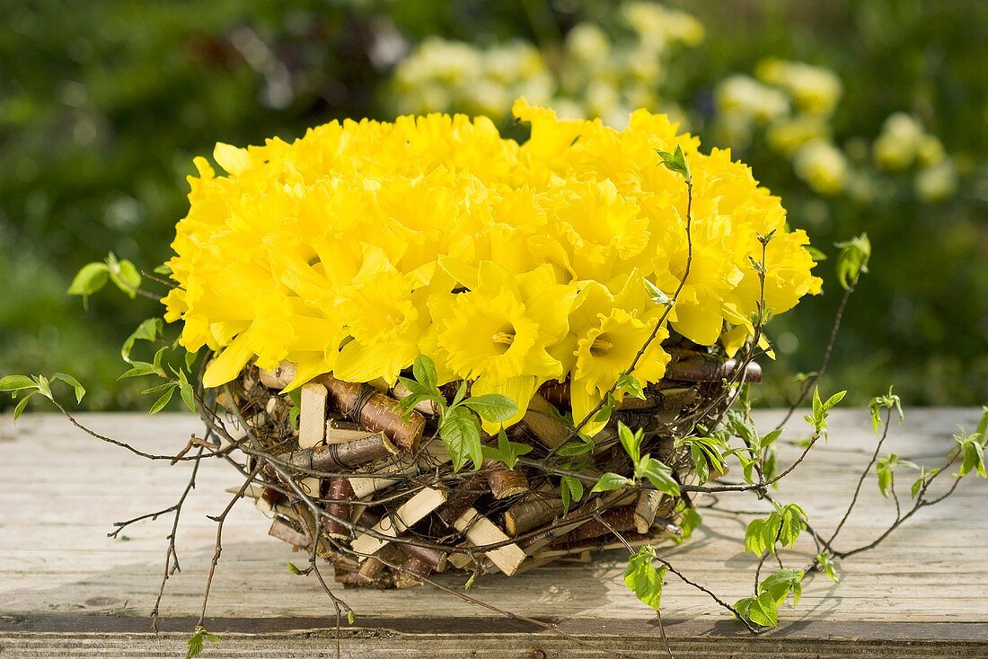 Rustic basket filled with daffodils