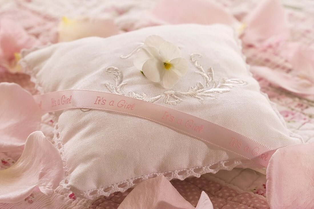 Rose-scented pillow with horned violet and pink ribbon
