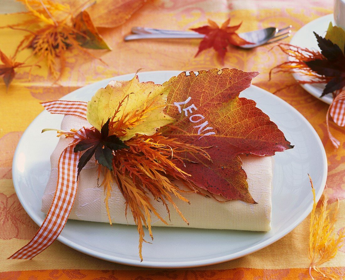 Napkin decoration of autumn leaves (maple and vine leaf)
