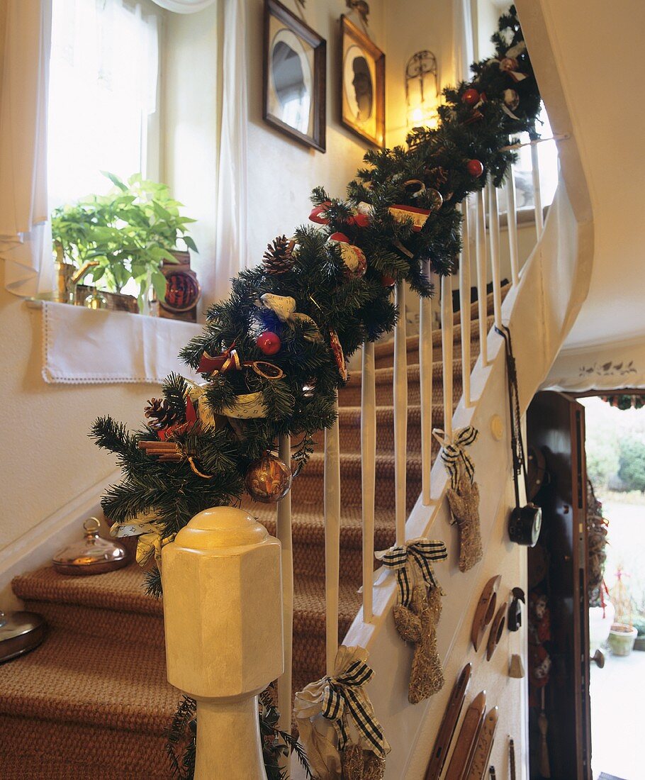 Staircase decorated for Christmas
