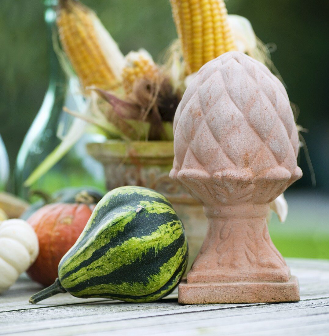 Ornamental pumpkins, a terracotta statue and corn cobs on a garden table