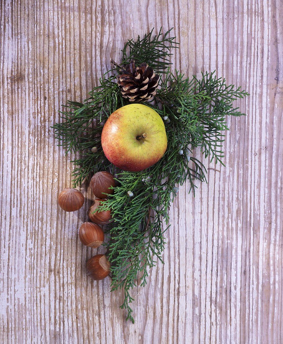 A juniper sprig with winter apples and hazelnuts on a wooden surface
