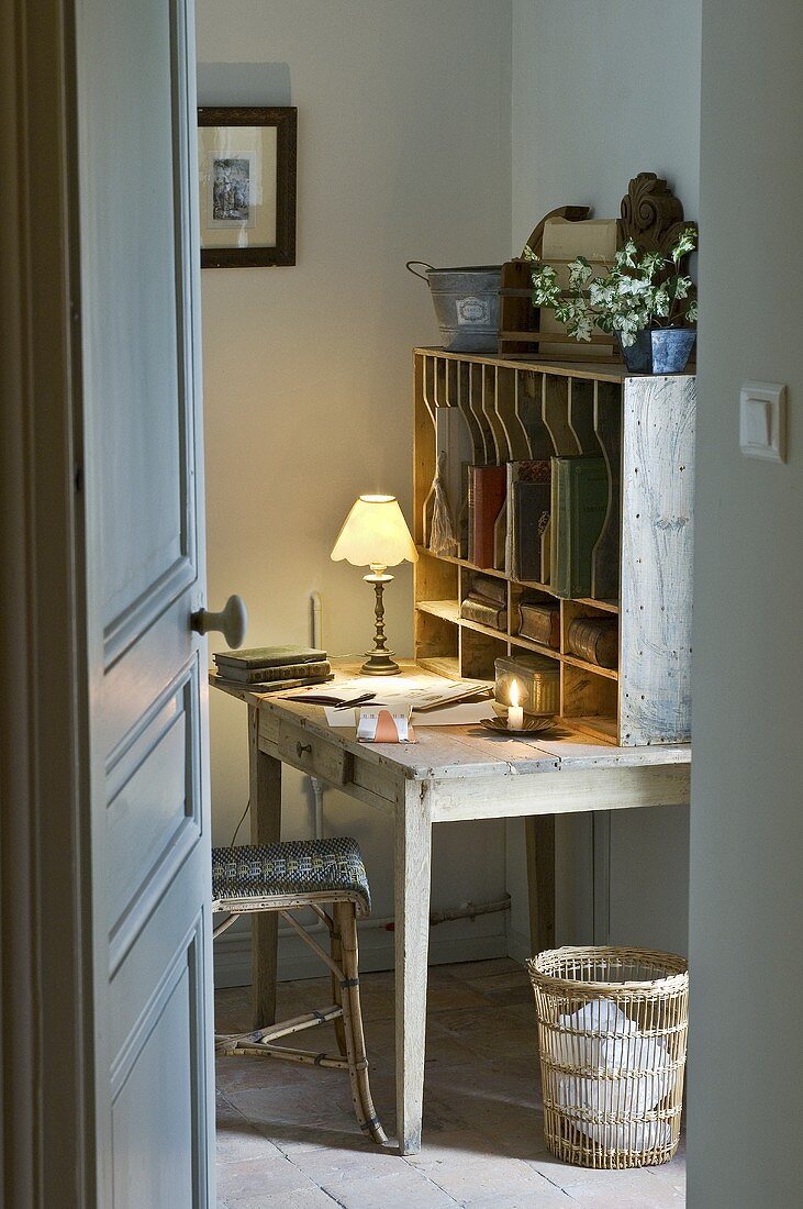 Desk with lamp and compartments