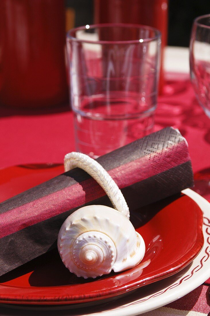 Red place-setting with maritime decorations