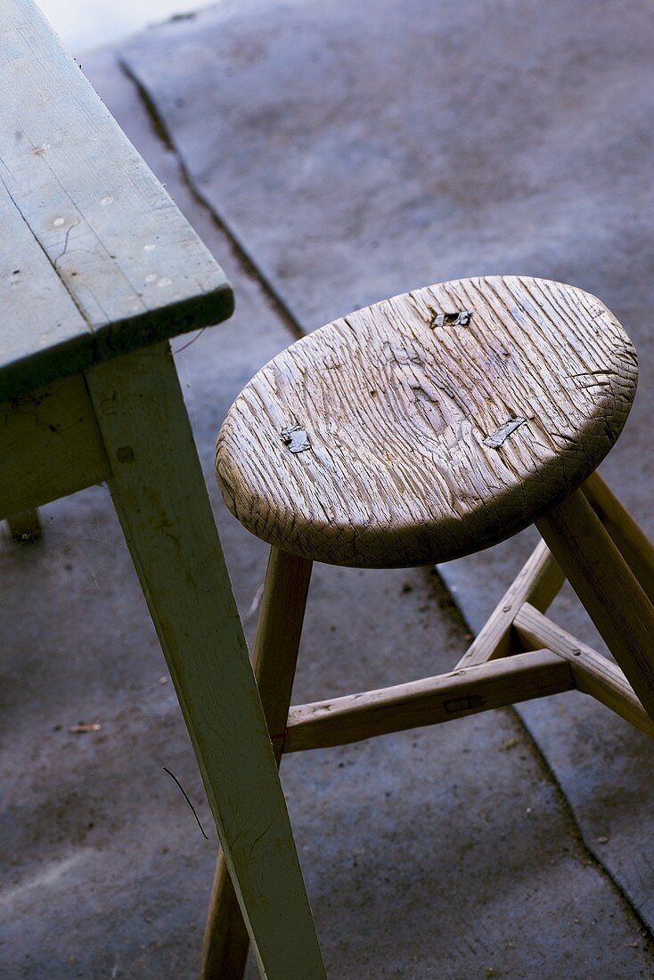 Old wooden table and stool