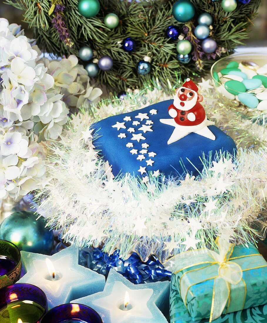 Blue Christmas cake and Christmas decorations