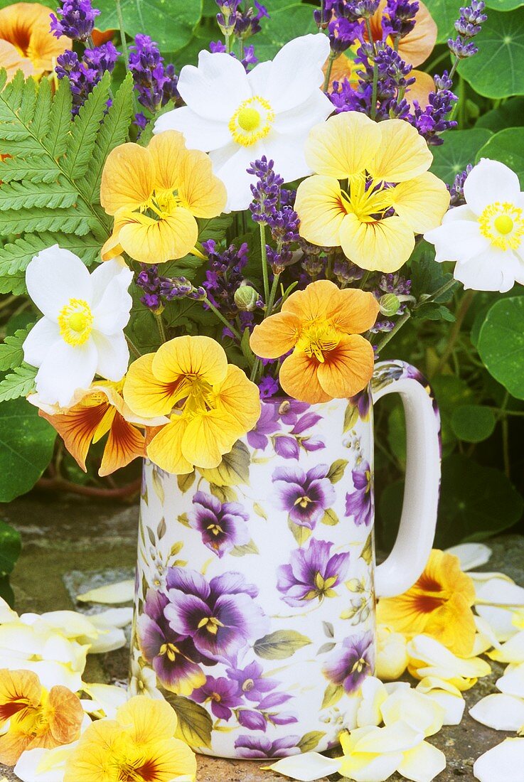 Lavender and nasturtiums in a vase