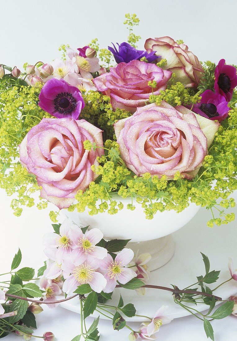 A bowl of roses and clematis