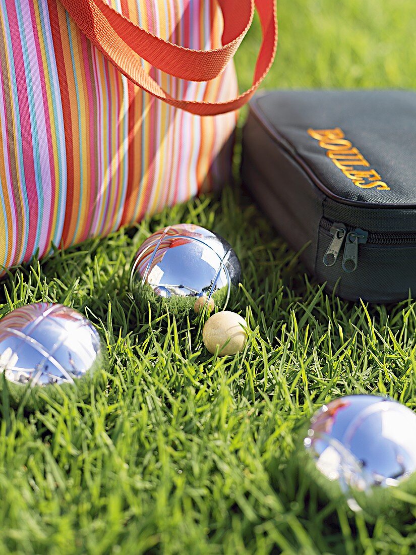 Boules and bags on grass