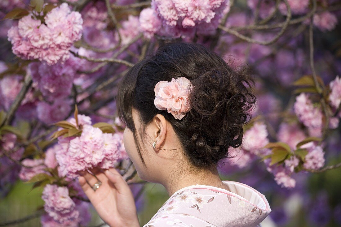 Japanische Frau unter Kirschblüten