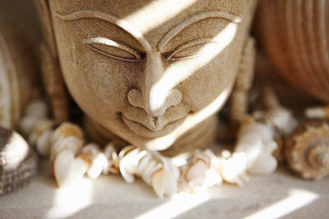 Buddha head with chain of shells