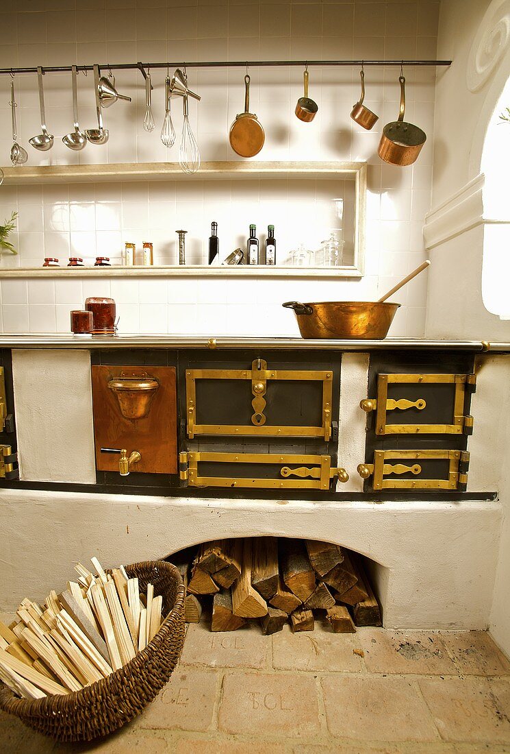 Old kitchen with wood-burning stove, Schloss Hof, Austria