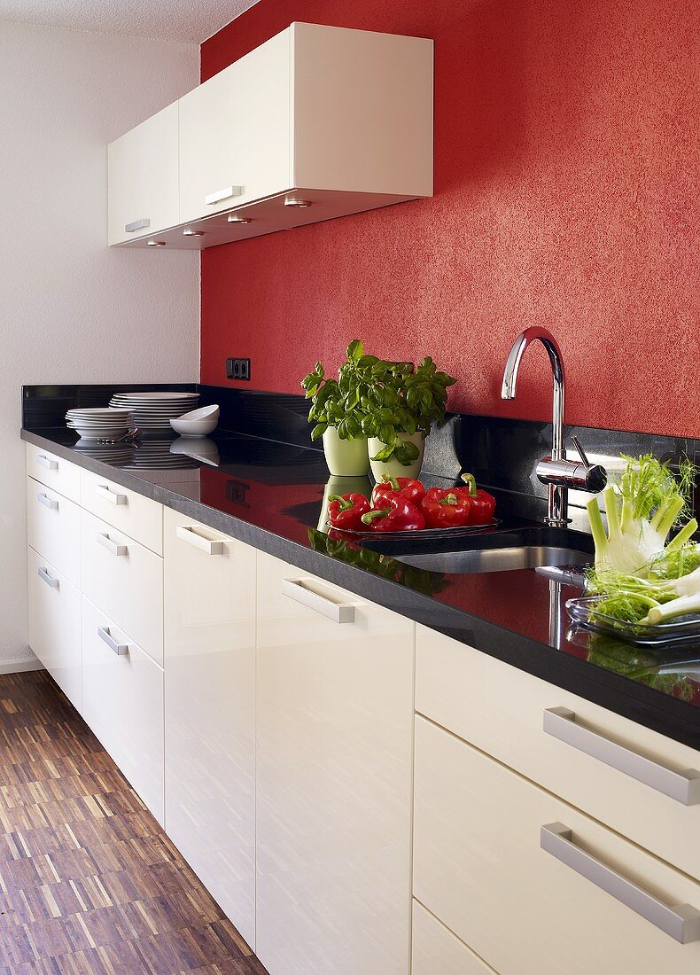 Moderne Küchezeile mit weissen Schrankfronten & schwarzer Hochglanz-Arbeitsfläche
