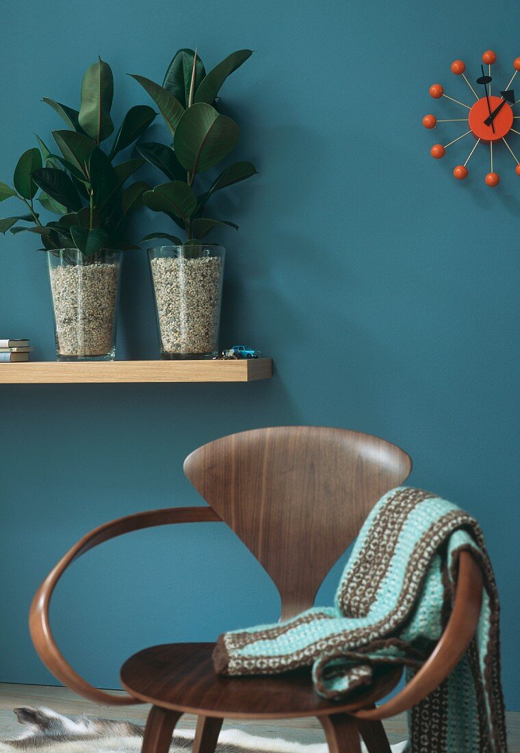 Designerstuhl aus Holz vor moderner Wanduhr & Regalbrett mit Gummibäumchen in Glasvasen