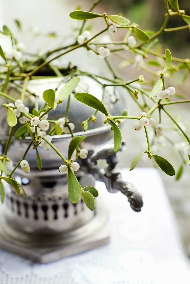 Mistletoe sprigs in an old samowar