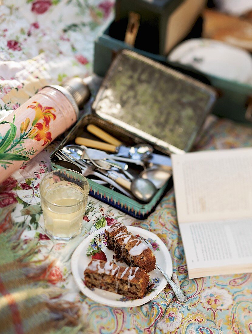 Schoko-Birnen-Riegel mit Cranberries auf einer Picknickdecke
