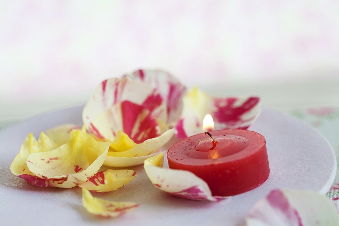 Rosenblütenblätter mit Teelicht