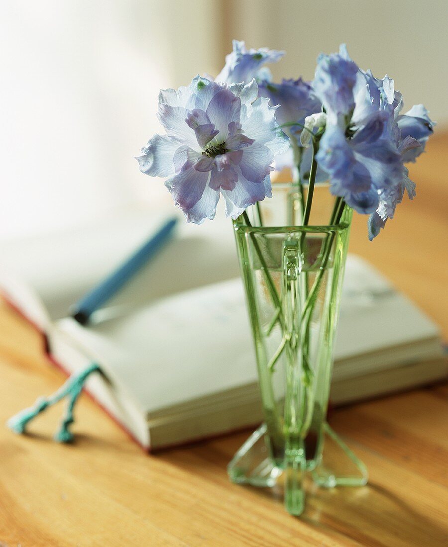 Blumen in Glasvase, dahinter ein Buch