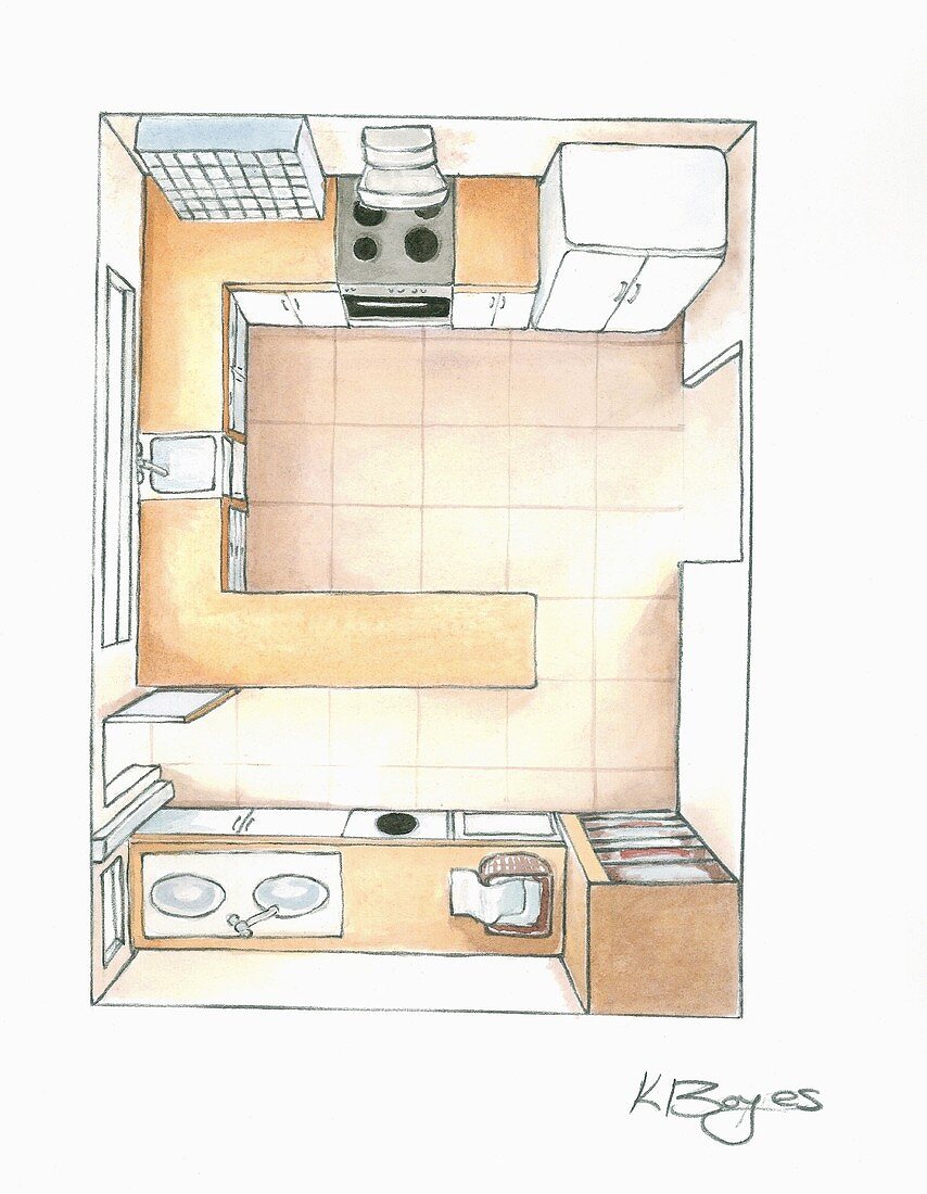A bird's eye kitchen plan, hand-drawn and coloured in