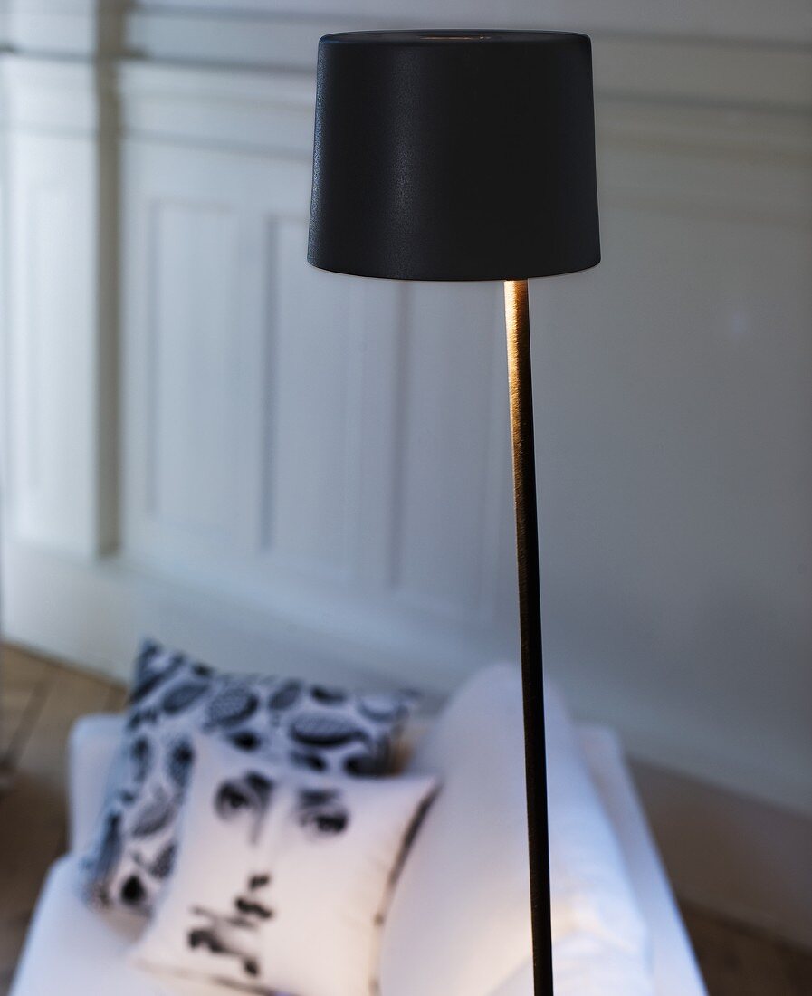 Floor lamp with black shade in front of a sofa with pillows