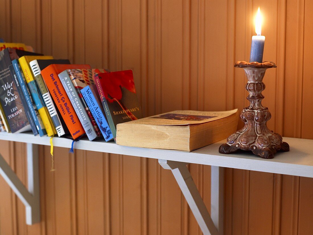 Candlestick with lighted candle and books on a shelf in front of a wood paneled wall